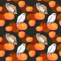 Owl on pumpkin. Halloween watercolor seamless pattern Royalty Free Stock Photo