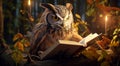 Owl reading book at home at night. Royalty Free Stock Photo