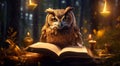 Owl reading book at home at night. Royalty Free Stock Photo