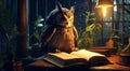 Owl reading book at home at night. Royalty Free Stock Photo
