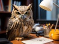 Owl reading book on mini office desk