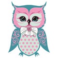 Owl`s cub is a small beautiful bird with a bow and a rose, wings with lace patterns.