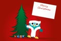 Owl in Santa Claus costume against the background of a Christmas