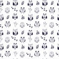 Owl seamless pattern. Hand drawn vector illustration. Different kinds of owl Doodle Royalty Free Stock Photo