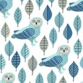Owl seamless pattern. Surface decoration with owl and leaves.