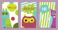 Owl set of banners vector illustration. Hello, hi, how are you. Cute cartoon wise birds with wings of different color Royalty Free Stock Photo