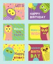 Owl set of birthday cards vector illustration. Welcome to my birthday. Make a wish. Cute cartoon wise birds with wings Royalty Free Stock Photo