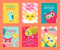Owl set of birthday cards vector illustration. Welcome to my birthday. Make a wish. Cute cartoon wise birds with wings