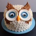 Owl Shaped Cake: Frosting, Light Brown And Dark Azure, Comic Cartoon Style