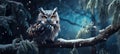 An owl sits on a snowy tree branch in the forest at night during a snowfall Royalty Free Stock Photo