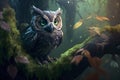 Owl sits on the trunk of a fallen tree in the middle of the forest, Generative AI Royalty Free Stock Photo