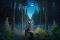 Owl sits on the trunk of a fallen tree in the middle of the night forest against the background of the stars and moon, Generative Royalty Free Stock Photo