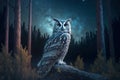 Owl sits on the trunk of a fallen tree in the middle of the night forest against the background of the stars and moon, Generative Royalty Free Stock Photo