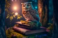 Owl sitting on a book in a magical mysterious forest Generative AI