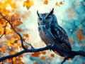 An owl sitting on a branch in the fall Royalty Free Stock Photo