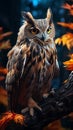 An owl sitting on a branch on natural forest background.