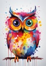 Owl Sitting on a Branch with Paint Splatters in a Surreal Design