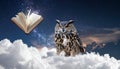 Owl sitting on clouds with book Royalty Free Stock Photo