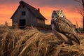 an owl sitting on a hay bale at dusk, with a barn in the background Royalty Free Stock Photo