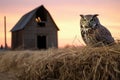 an owl sitting on a hay bale at dusk, with a barn in the background Royalty Free Stock Photo