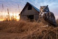 an owl sitting on a hay bale at dusk, with a barn in the background Royalty Free Stock Photo