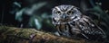 an owl is sitting on a mossy branch in the dark forest, looking at the camera with a serious look on its face and eyes