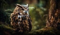 an owl is sitting on a mossy branch in a forest with trees in the background and a blurry image of the owl\'s eyes