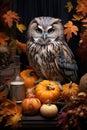 An owl sitting on top of a pile of pumpkins, AI Royalty Free Stock Photo