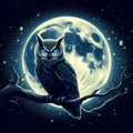 An owl sitting on a tree branch, infront of a full moon, nite-owl, moonlight fish eye illustrator, glowing, realistic fantasy