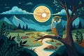 owl-sitting-on-a-tree--full-moon--river--watercolo -vector.eps Royalty Free Stock Photo