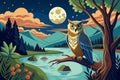 owl-sitting-on-a-tree--full-moon--river--watercolo -vector.eps Royalty Free Stock Photo