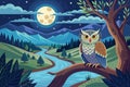 owl-sitting-on-a-tree--full-moon--river--watercolo -vector.eps Royalty Free Stock Photo