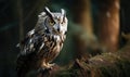 an owl is sitting on a tree stump in the woods with a blurry background of trees and mossy ground, with a yellow - eyed, yellow