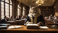 An owl sitting in a University chair, giving lectures to student in the background. Wisdom and education concept.