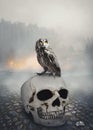 Owl on the skull. Halloween mystical scene