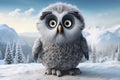 Owl on snow against snowy landscape with fir trees 3d illustration, 3d cartoon illustration of a great grey owl in the winter, AI Royalty Free Stock Photo