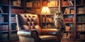 An owl in spectacles perched on a leather armchair in a library with warm lighting. Generative AI Royalty Free Stock Photo
