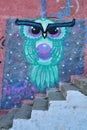 Owl Stairs Street art graffiti in Valparaiso Chile colorfull Royalty Free Stock Photo