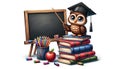 Owl Standing on Top of a Pile of Books in front of a blackboard with a white background Royalty Free Stock Photo
