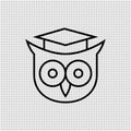 Owl in student academic hat. Education logo and icon. Outline and line style. Simple isolated illustration. Royalty Free Stock Photo