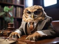Owl in suit reading book on desk
