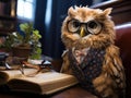 Owl in suit reading book on desk