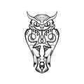Owl tattoo outline. Boho tribal style. Line ethnic ornaments. Poster, spiritual art, symbol of wisdom. Antistress art