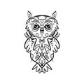 Owl tattoo outline. Boho tribal style. Line ethnic ornaments. Poster, spiritual art, symbol of wisdom. Antistress art