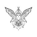 Owl tattoo outline. Boho tribal style. Line ethnic ornaments. Poster, spiritual art, symbol of wisdom. Antistress art