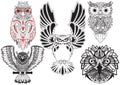 Owl tattoo set. Set of labels and elements. Vector set illustration template tattoo. Royalty Free Stock Photo