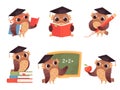 Owl teacher. Cartoon bird characters with back to school items cute mascots reading pointing vector illustrations