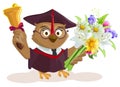 Owl teacher holding bouquet of flowers. School bell