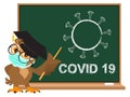 Owl teacher in medical mask by chalkboard on which covid 19 virus is painted