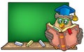 Owl teacher reading book on blackboard Royalty Free Stock Photo